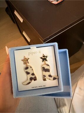Piper Cowhide Boot Drop Earrings with Star Studs - White, Black & Gold